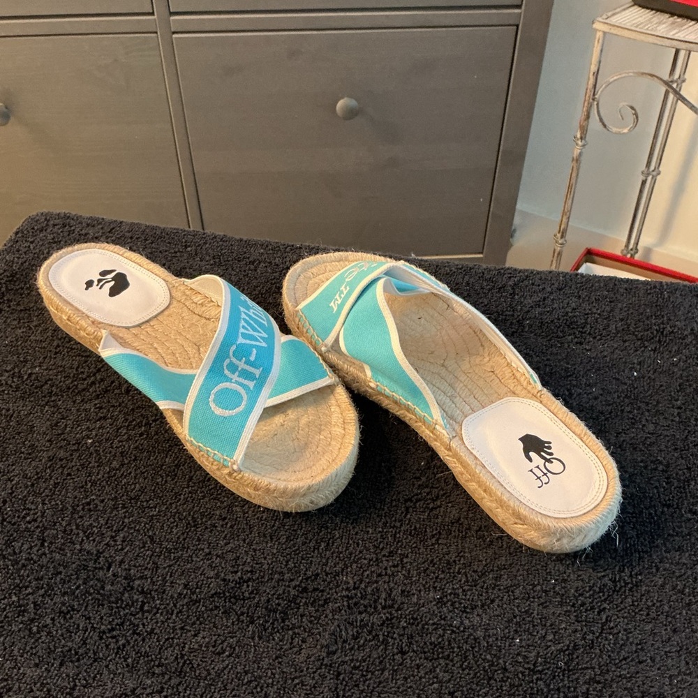 Off-White Teal Crisscross Espadrille Slides